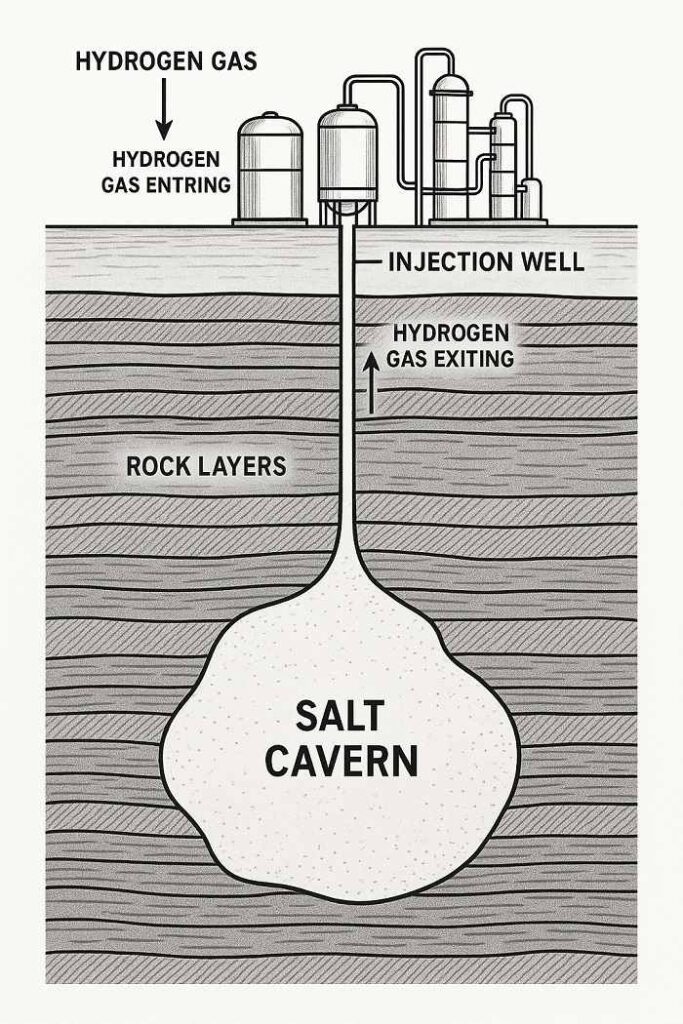 Cross-section view of underground salt cavern hydrogen storage facility with surface infrastructure