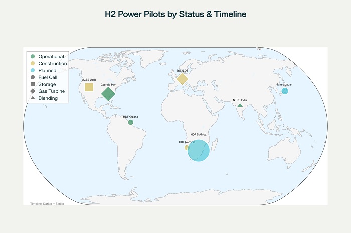 Global distribution of major hydrogen power pilot projects showing capacity, technology type, status, and deployment timeline from 2025-2030