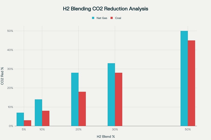 CO2 emission reduction percentages from hydrogen co-firing in natural gas and coal power plants at different blending ratios, including lifecycle emissions analysis